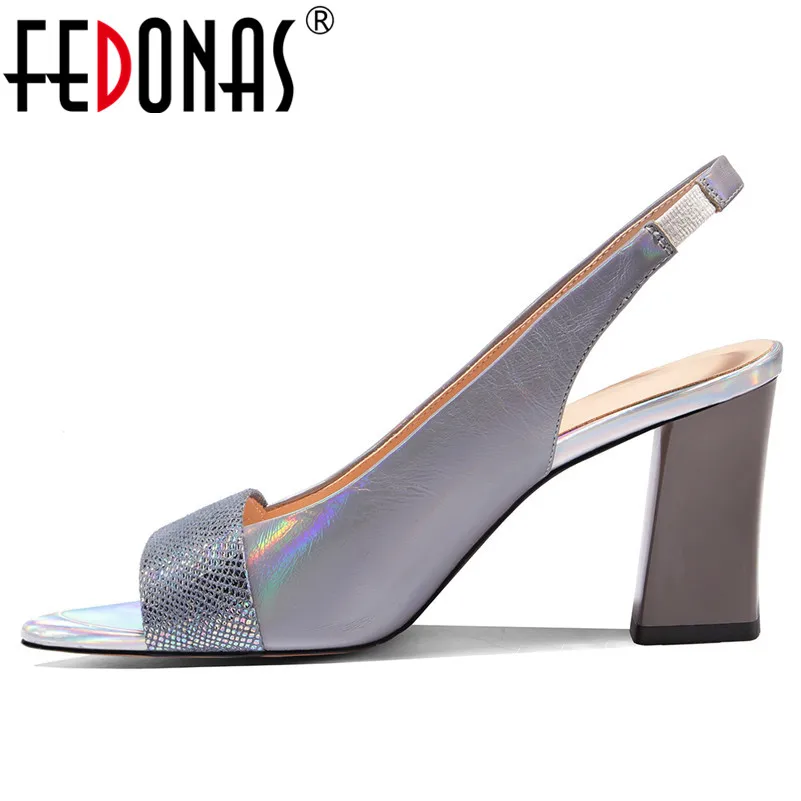 

FEDONAS New Summer Blingbling Genuine Leather Women Sandals Peep Toe Square Heels Elegant Sexy Party Prom Wedding Shoes Woman