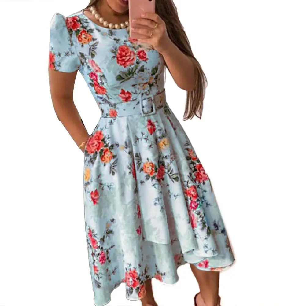 Платье из новой коллекции летом Винтаж вечерние Цветочный принт Для женщин короткий рукав с О-образным вырезом с поясом А-образного
