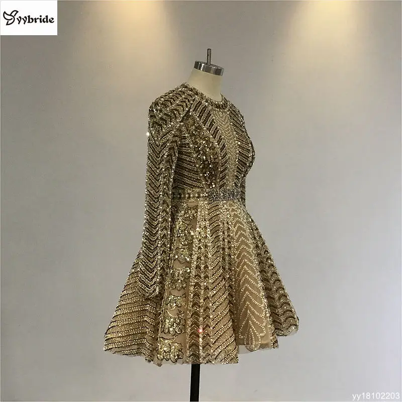 Новое роскошное Золотое коктейльное платье с вышивкой бисером, с длинными рукавами, с кристаллами, вечерние платья, Мини Короткие, с открытой спиной, винтажные платья знаменитостей