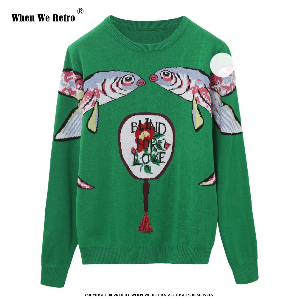 When We Retro Women Sweater Green Fashion Cartoon Fish Embroidery Female Knitted Tops Long Sleeve Ladies O-neck Pullovers YC21 | Женская