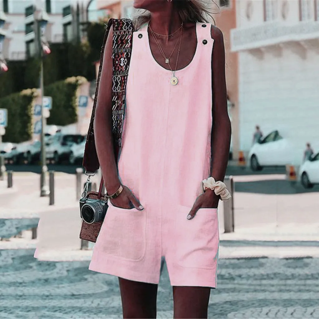 

Women's Fashion Brief Sleeveless U-neck Button Shorts Jumsuits With Pocckets Streetwear Overalls For Women Playsuit