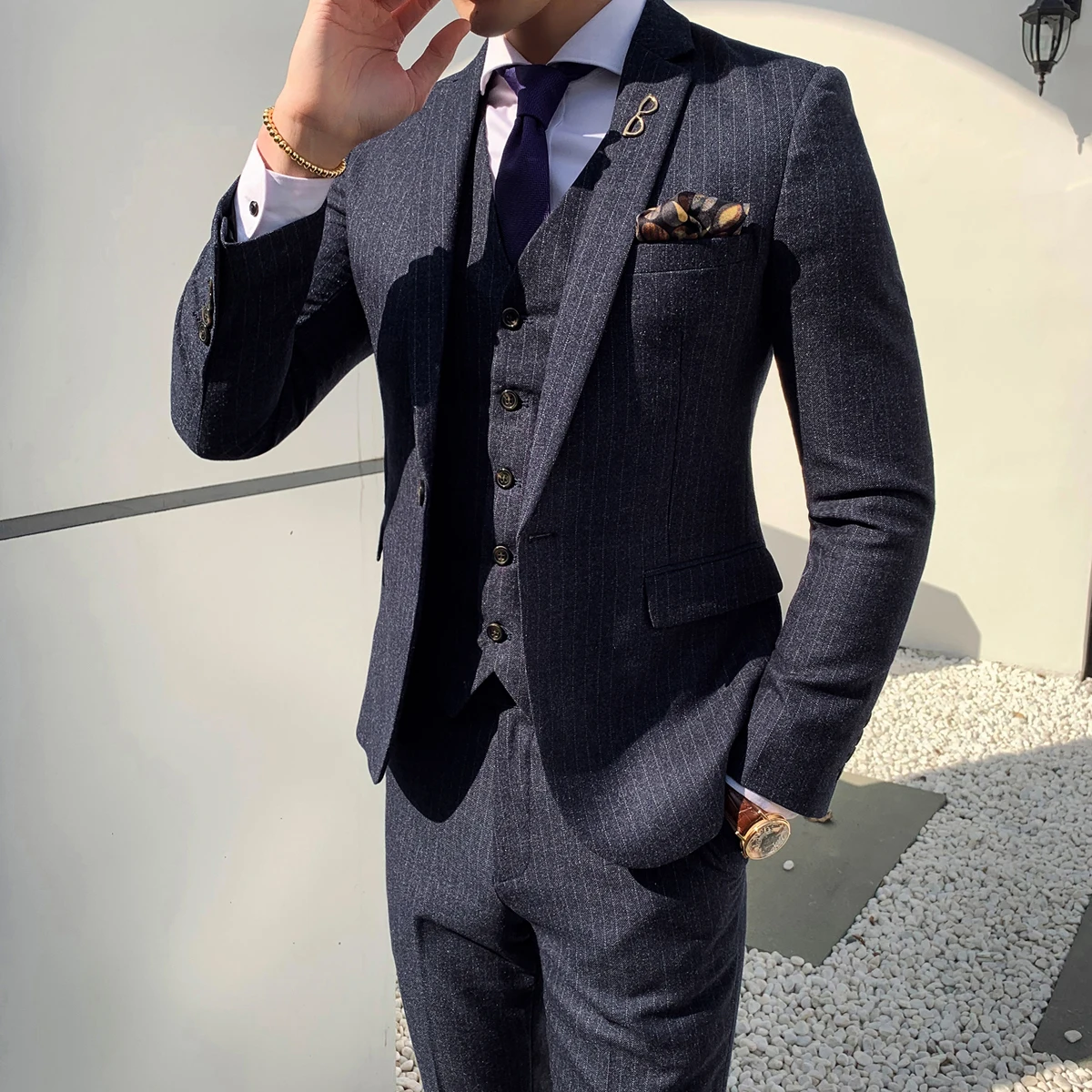 

High Quality Men Boutique Suits Groom Wedding Dress Formal Suits Set Jackets+Vest+Pants Suits 3-piece Casual Business Blazers