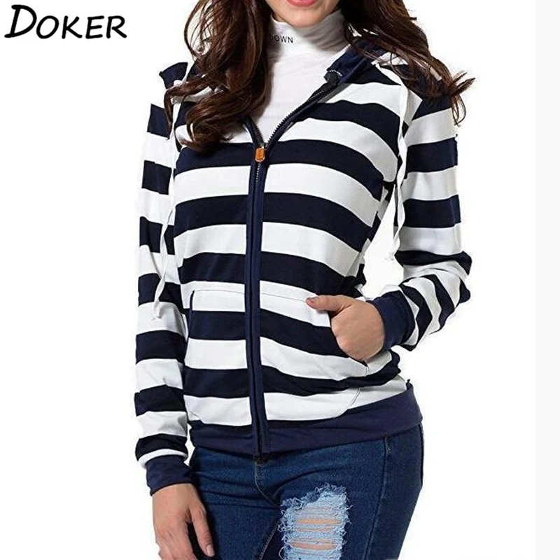 2019 Autumn Women Striped Hoodies Sweatshirt Long Sleeve Hooded Zipper Pockets Jackets Casual Plus
