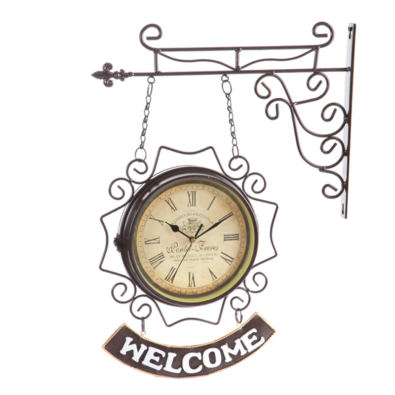 Европейский Винтажный кофейный белый двухсторонний 9 дюймов круглый железный каркас домашний декор настенные Подвесные часы с желанными табличками