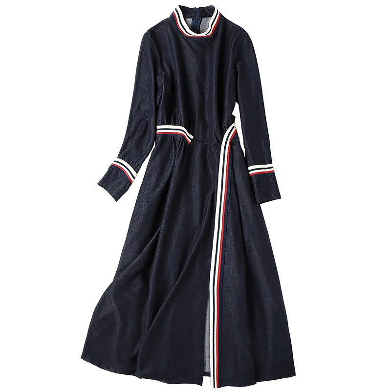 High Quality Denim Dress Autumn Winter Casual Dress for Women Striped Patchwork Long Sleeve Mid-Calf Length Blue Jeans Dress