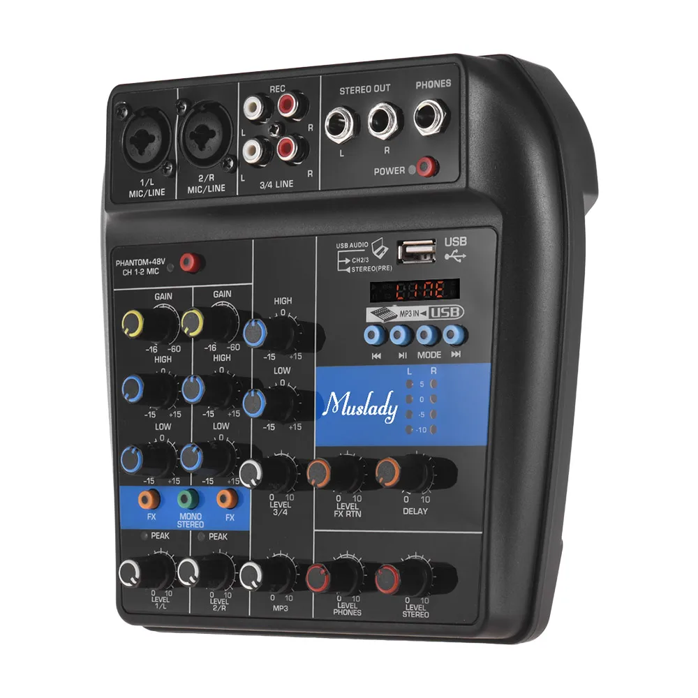 

Muslady S-1 4-Channel BT Mixing Console Digital Audio Mixer Built-in Reverb Effects +48V Phantom Power 2-band EQ DC 5-12V