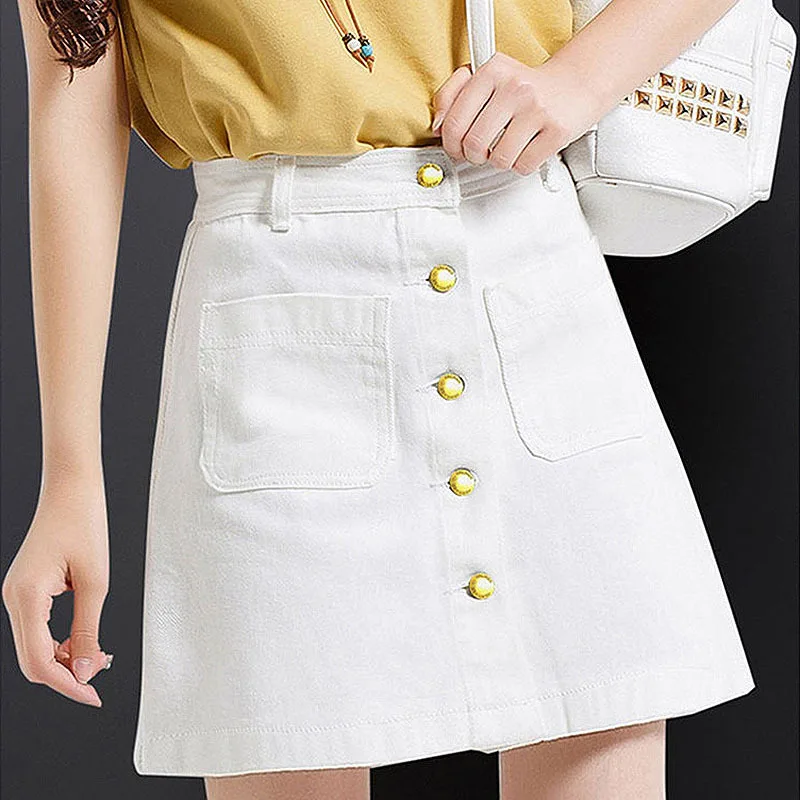 Летняя женская джинсовая юбка-карандаш с пуговицами и высокой талией, джинсовая юбка с маленькими карманами в стиле Харадзюку, Высококачественная джинсовая юбка NS8968 - Цвет: Белый