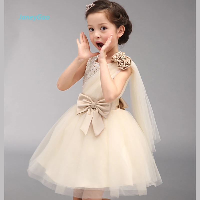 

JaneyGao Flower Girl Dresses Elegant Champagne With Sequined Bow Girl Birthday Dinner Party Dress Princess Kids Formal Gown 2018