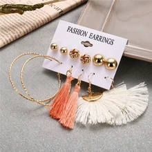Bohopan 6Pairs/Set Fan-shaped Tassel Earrings For Women Simple Fashion Round Stud Earrings Set 2019 Female Elegant Gold Earrings insect design stud earrings set 6pairs