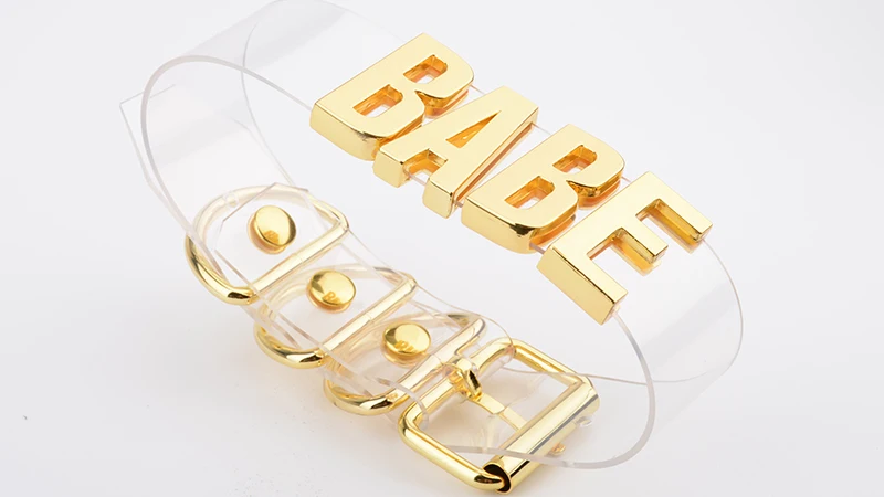 Women Men Unisex Custom Handmade Letter Choker Necklace Kawaii Punk Goth BDSM Collar Gold Metal Transparent Leather BABE Choker 8