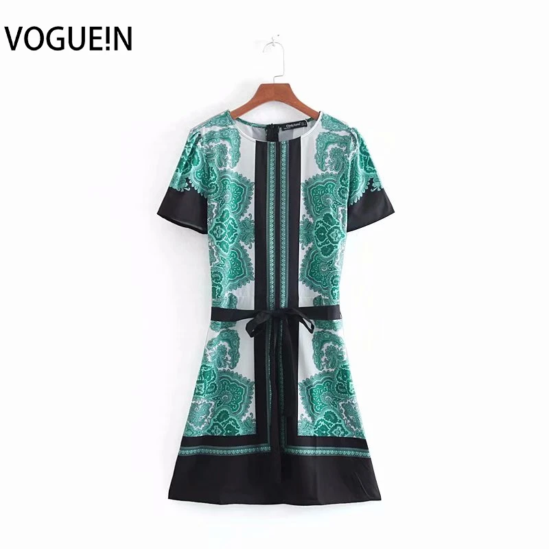 

VOGUEIN New Womens Vintage Green Floral Print Short Sleeve Summer O-Neck Mini Dress Wholesale
