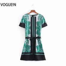 ¡Venta al por mayor! Mini vestido de verano de manga corta con cuello redondo y estampado Floral verde Vintage para mujer de VOGUEIN