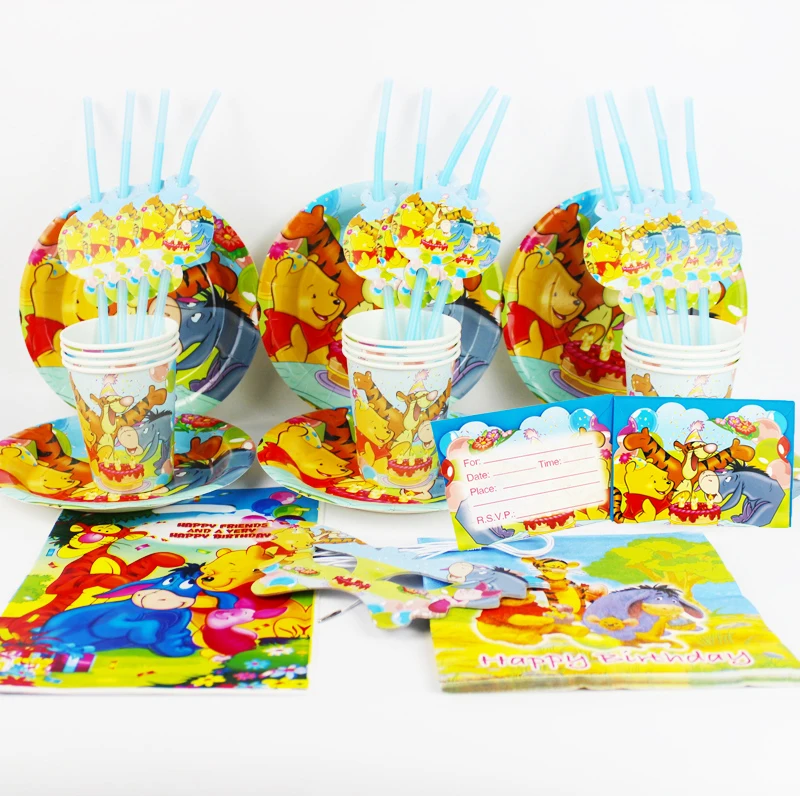 

92pcs Winnie the Pooh kids happy birthday party decoration plate cup straw napkins loot bags for 12 people party supplie
