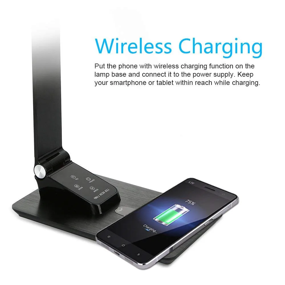 LED Desk Lamp with USB Port,Premium Metal Office Light with Wireless Charger,3 Lighting Modes,5 Brightness Levels,7W,Black