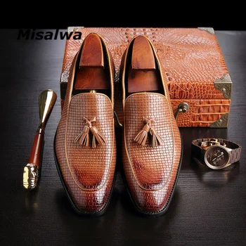 

Misalwa Mens British Style Shoes Handmade Weave Formal Wedding Loafers With Tassel Man Dress Shoe Brown Wine Moccasin Party Flat