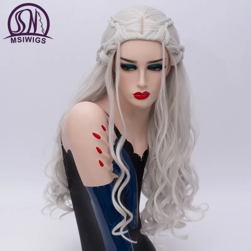 MSI Wigs, Длинные Синтетические парики для косплея, плетеные волосы, блонд, прямой парик, розовая сетка, серебристо-белый, Игра престолов, Плетеный женский парик