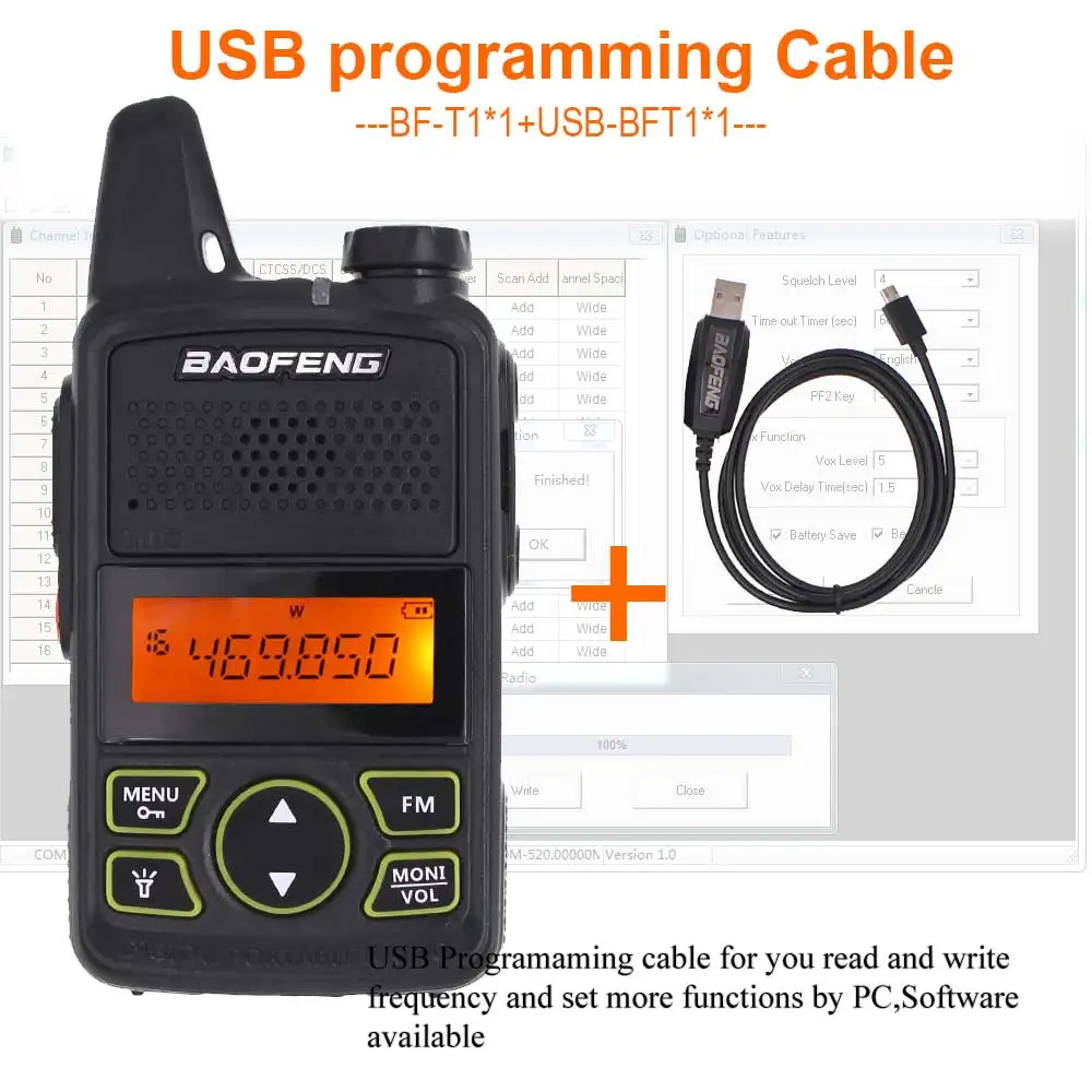 

Baofeng T1 BF-T1 Mini Walkie Talkie UHF 400-470mhz 20CH Portable Ham FM CB Radio Handheld Transceiver+programming cable