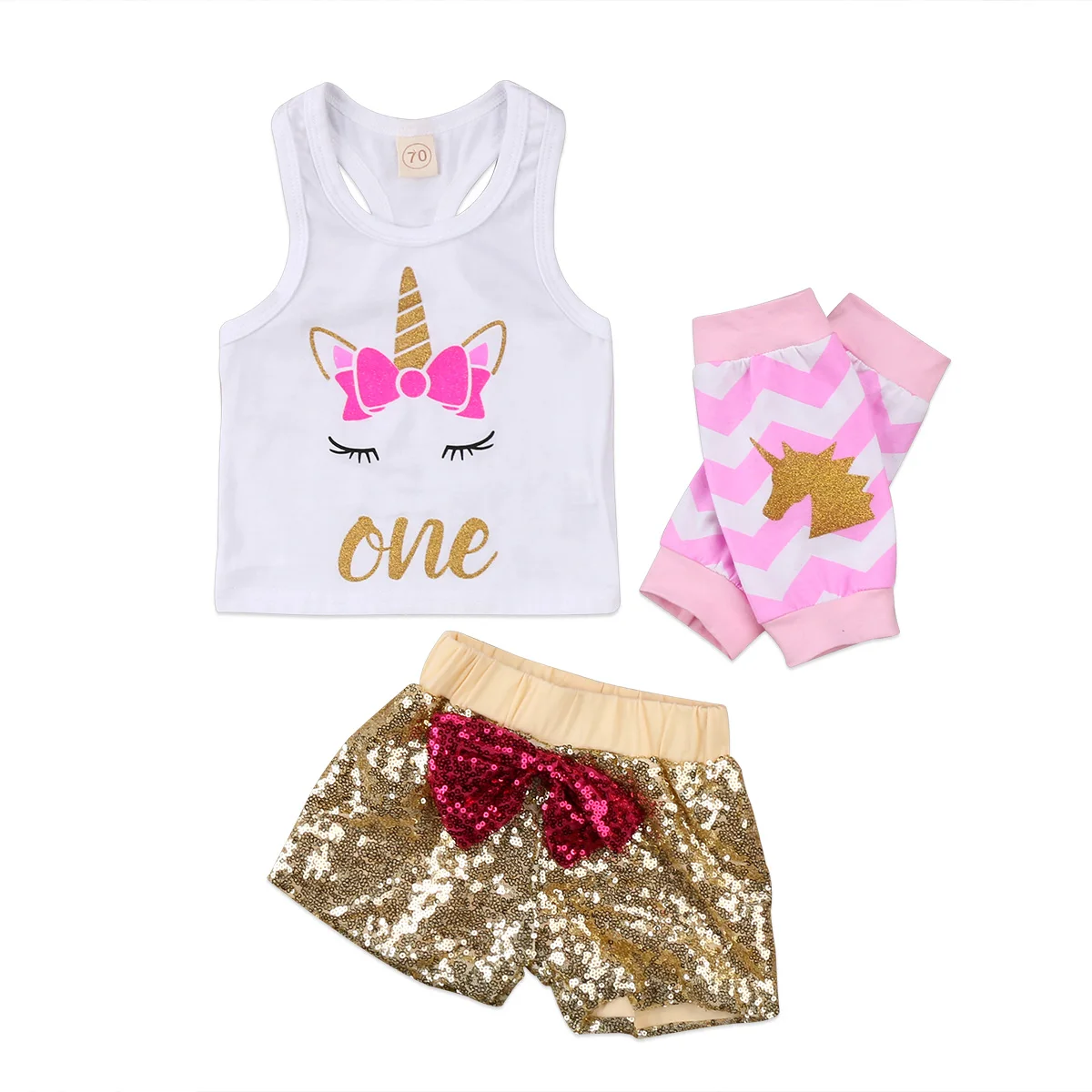 Cute Newborn Baby Girls Unicorn Clothing 4Pcs Tops Vest Sequins Pants Leg Warmers Outfit Setin