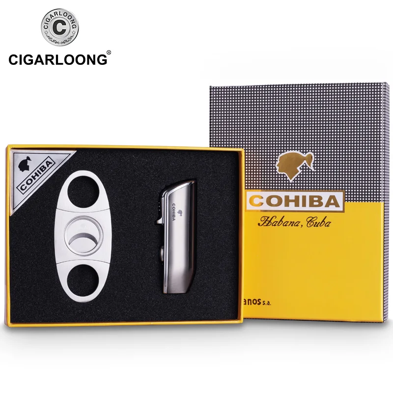 

Cohiba Gift Set Gas Butane Lighter 3 Torch Jet Flame Windproof Cigar Lighter With Punch Gift Box Package Cigar Cutter Set CB0307