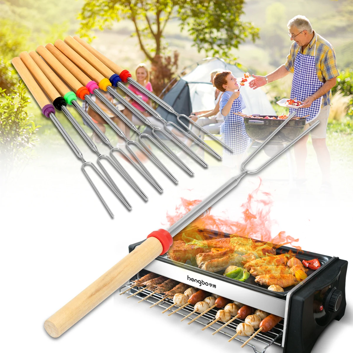8 Pieces 32 Inch Colorful Telescopic Roasting Marshmallow Barbecue