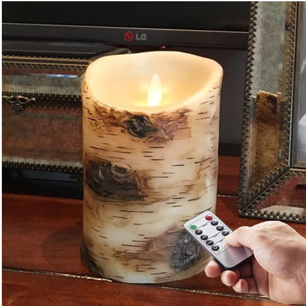 Flameless Moving Wick Real Wax Birch Bark LED Candle with Timer Remote