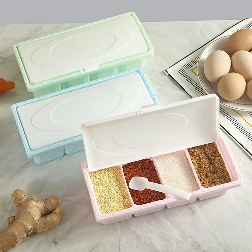 

None 4 Grids Seasoning Box with Cover for Kitchen Cooking Supplies