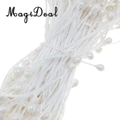 MagiDeal 150 Pieces Pearl Double Tip Floral Stamens Pearlized Double Head with Stem Gift wrapping Decoration - White