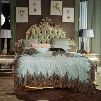 

Luxury Lace Embroidery 100S Silk Cotton Palace Bedding Set Blue Gray Duvet cover Bed sheet/Linen Pillowcases Queen King size