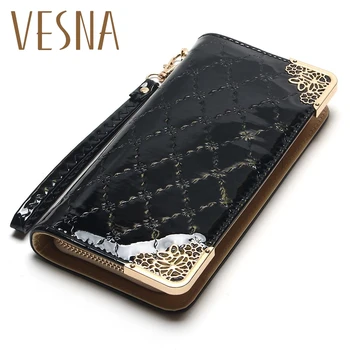 

2019 Luxury Vintage Brand Women Long Patent Leather Plaid Wallet Female Clutch Ladies Phone Purse Coin Credit Card Holder Cuzdan