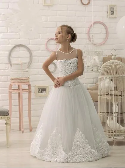 High Quality Custom White Ivory Tulle Lace 3D Flower First Communion Dresses for Girls Ball Gown with Belt Flower Girl Dress High Quality Custom White Ivory Tulle Lace 3D Flower First Communion Dresses for Girls Ball Gown with Belt Flower Girl Dress