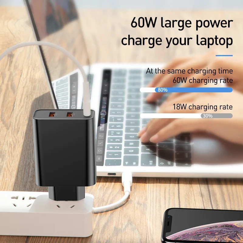 Baseus 3 порта USB зарядное устройство с PD3.0 быстрое для iPhone 11 Pro Max Xr 60 Вт Быстрая