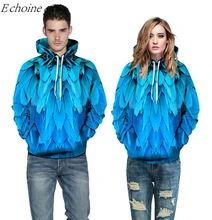 Echoine Blue Feather 3D Print Excercise Sweaters Men Women Pockets Hooded Sweatshirts Running Outdoor Sports Hoodies Uniforms