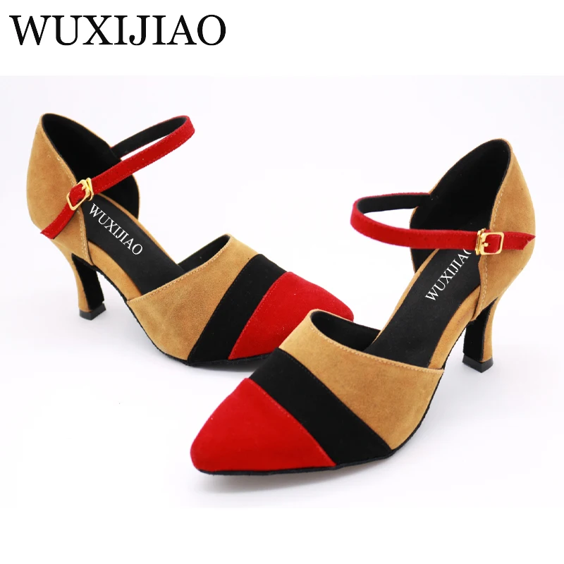 

WUXIJIAO Women's Latin dance shoes Brown, green, black flannel fabric salsa shoes comfortable pointed shoes heel 7.5cm