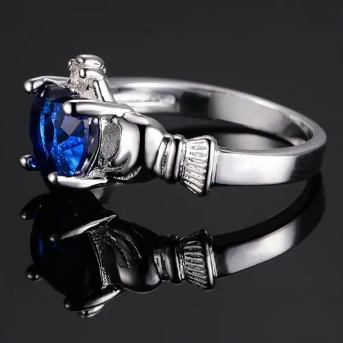 Креативный Кристальный, сердце, кольцо, Белый огненный опал, 925 серебро, Ирландское кольцо Claddagh, обручальное кольцо, Sz 6-9, подарок для женщин, ювелирное изделие - Цвет основного камня: Королевский синий