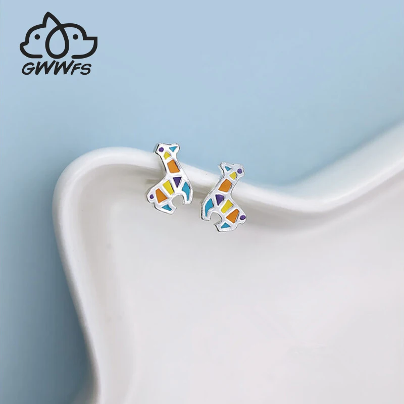 

Cute Korea Animal Enamel Cartoon 925 Sterling Silver Deer Drop Glaze Color Giraffe Stud Earrings Women Girls Harajuku Jewelry