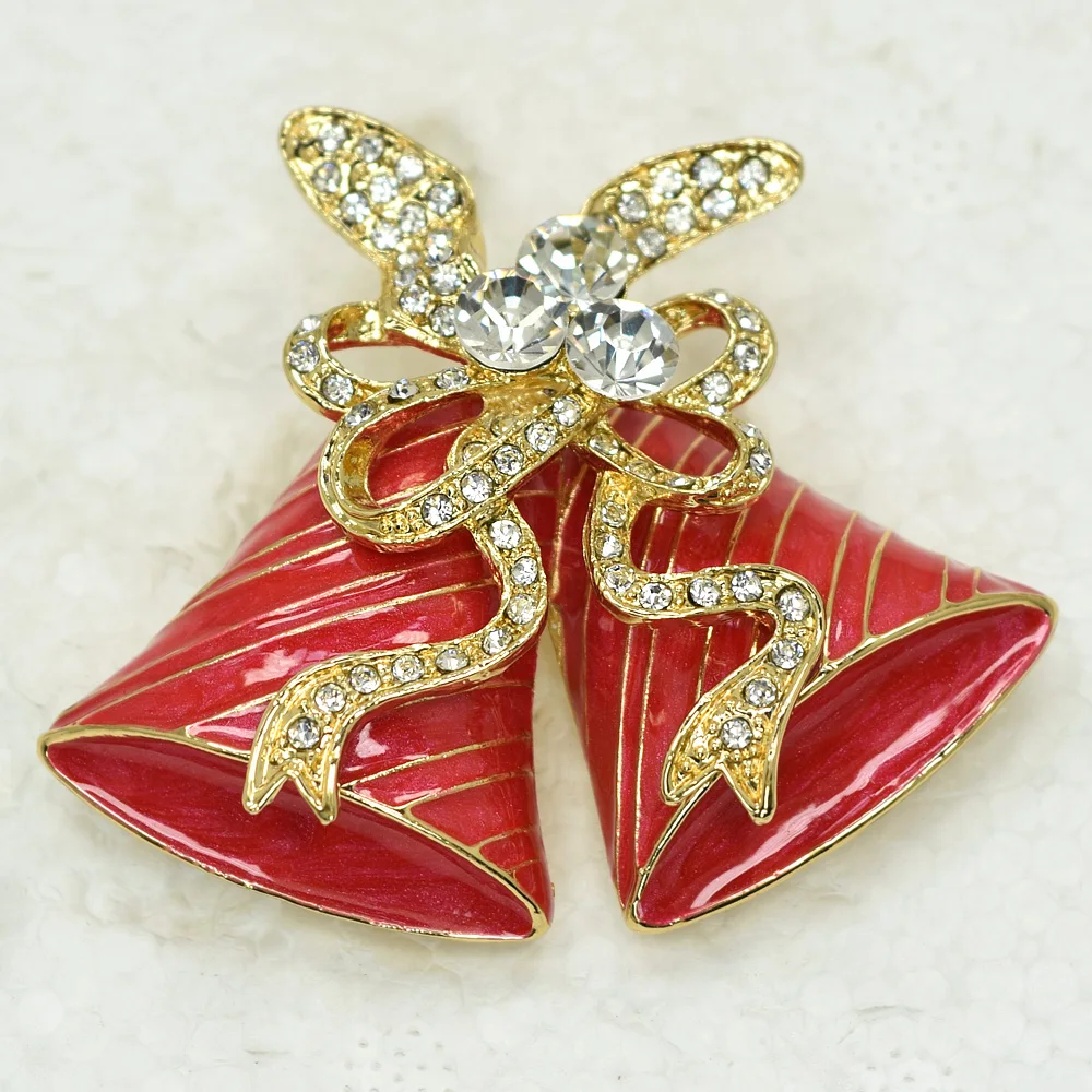 12pcs/lot Wholesale Rhinestone Enamel Christmas Bell Pin Brooches