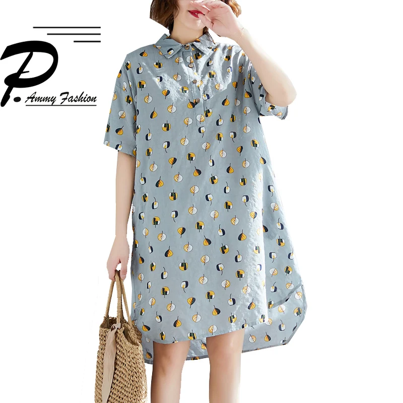 

P Ammy Women Casual Asymmetrical hem Leaves Print Plus Size Blouse 2019 Summer Mid-Long Turn-down Collar Long Tunic shirt