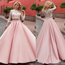 Модные атласные свадебные платья трапециевидной формы из двух частей с кружевной аппликацией, Розовые Свадебные платья с рукавами 3/4