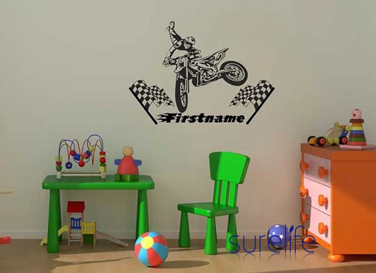 مشخصنة motocross فينيل جدار ملصق مجموعة مثالية نوم زائد اسم الشارات حائط غرفة الاطفال الديكور