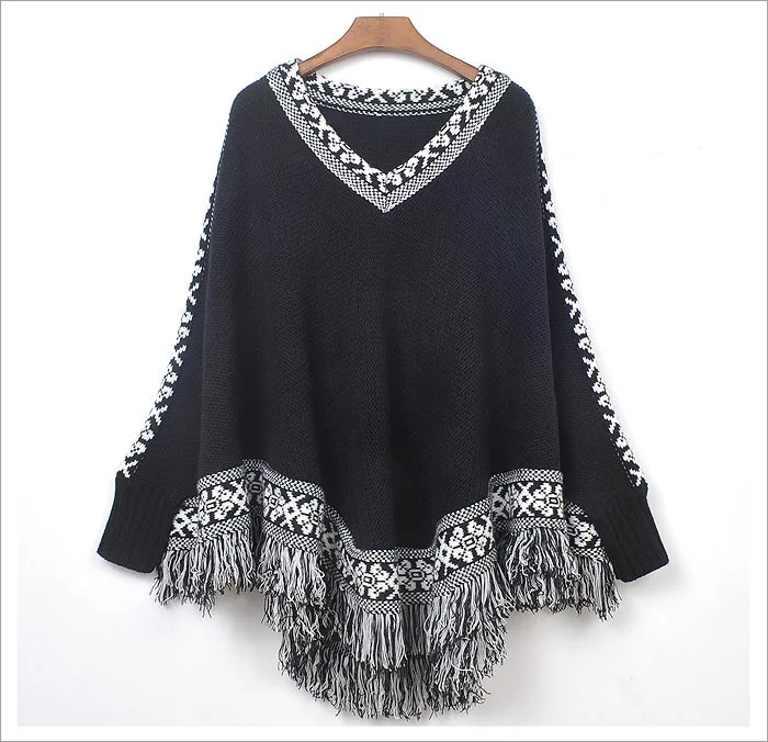 

2018 autumn winter clothes tassel cape V collar loose knit sweater coat sweater women's wear women sweaters and pullovers capes