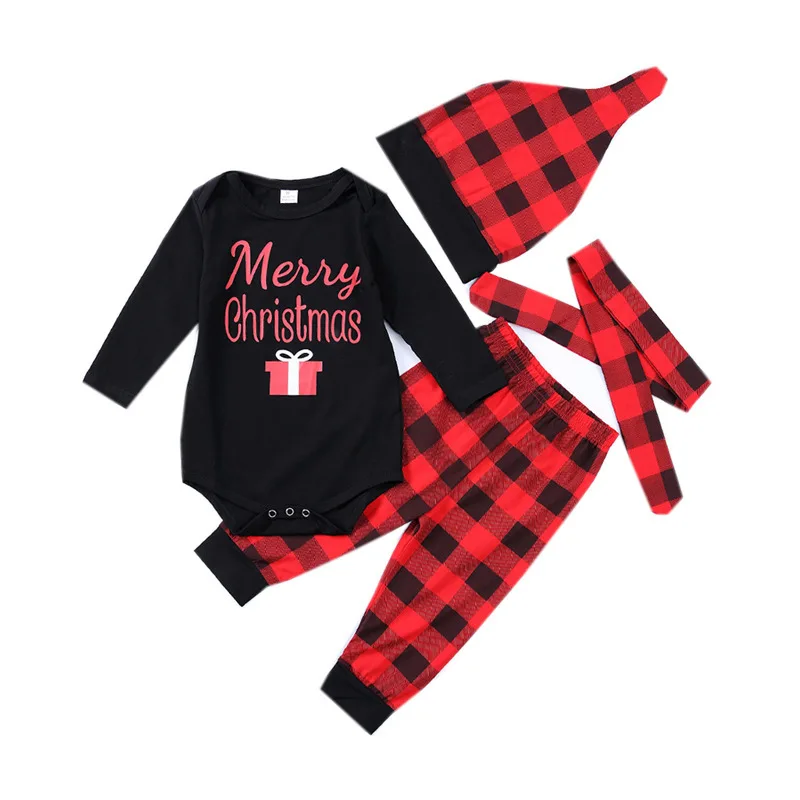 

Newborn Baby Clothes Lo'n'g Sleeve Letter Print Romper Tops Plaid Pant Hat Headband 4PCS Outfits Children Clothing Set