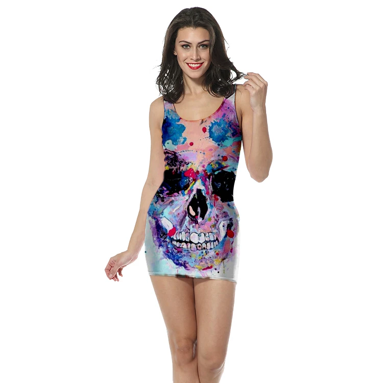 

3D Print women's clothing tank top dress Gothic skull colorful straight sleeveless dress high quality strap dress Dropshipping