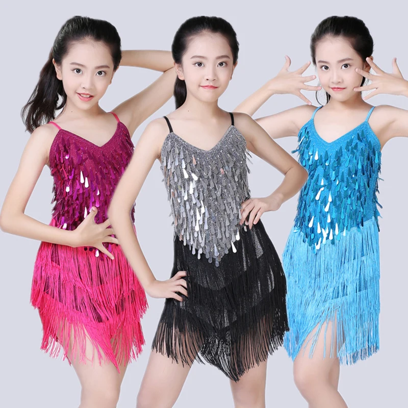 Kids Girls Latin Dance Costume Raindrop Sequins Fringe Dress 8 Colors 5 Sizes 