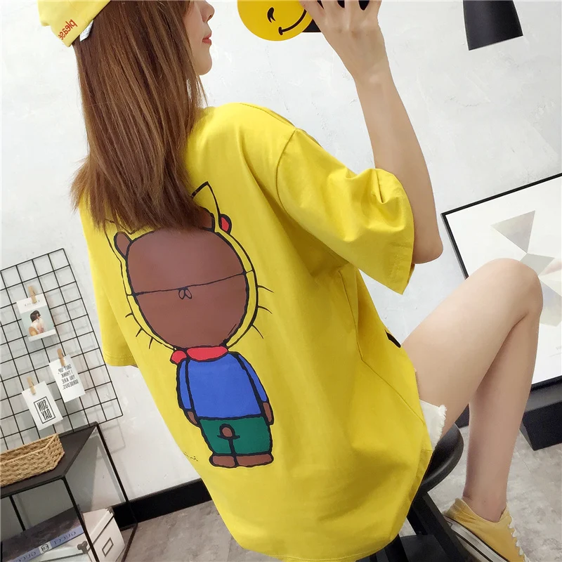 

New Summer Women T-shirt Half Sleeve Loose Casual Bf Tees O-neck Cartoon Print T Shirts Female Sweet Women Clothing
