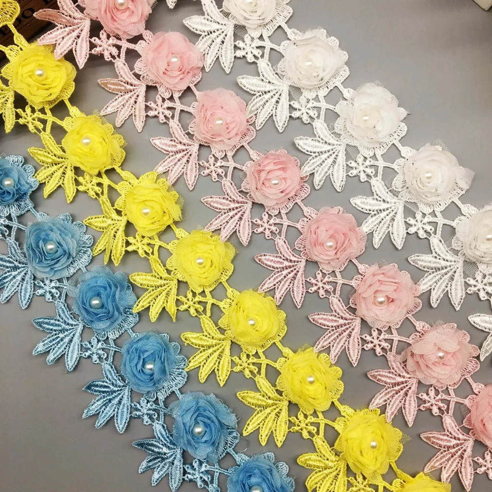

1 yard Pearl Rose Flower Beaded Embroidered Handmade Lace Edge Trim Ribbon Applique Patches Fabric Sewing Craft Wedding Dress