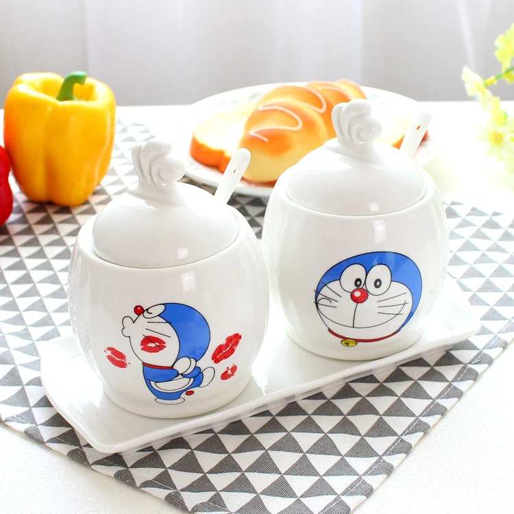 Hello kitty Doraemon сахарница кухонный набор керамика для соли и специй баночки ложка контейнер для хранения бытовой приправ Органайзер - Цвет: Doraemon 1set