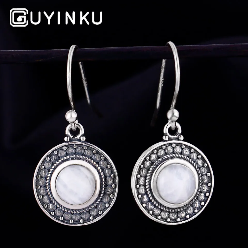 

GUYINKU Romantic Natural Moonstone Round Shape Drop Earrings 925 Sterling Silver Jewelry For Women Party Gift Fine Jewelry