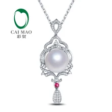 14 к белое золото 11 мм круглый Southsea белый жемчуг и розовый турмалин обручение Алмаз Кулон на Рождество