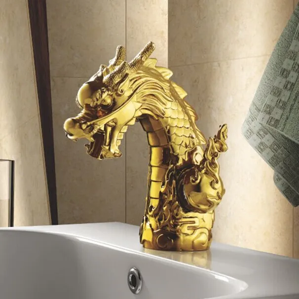gold Dragon Head Bathroom Sink Mixer Tap Deck Mount single Handle Basin Faucet Cold And Hot Water LC-69D1-A