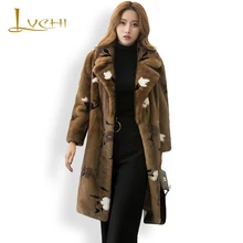 LVCHI Women coat Mink Fur Suit collar desgin Winter 2017 Thick Warm Ladies Fur Medium Coat Fur Flower Pattern clothes for women